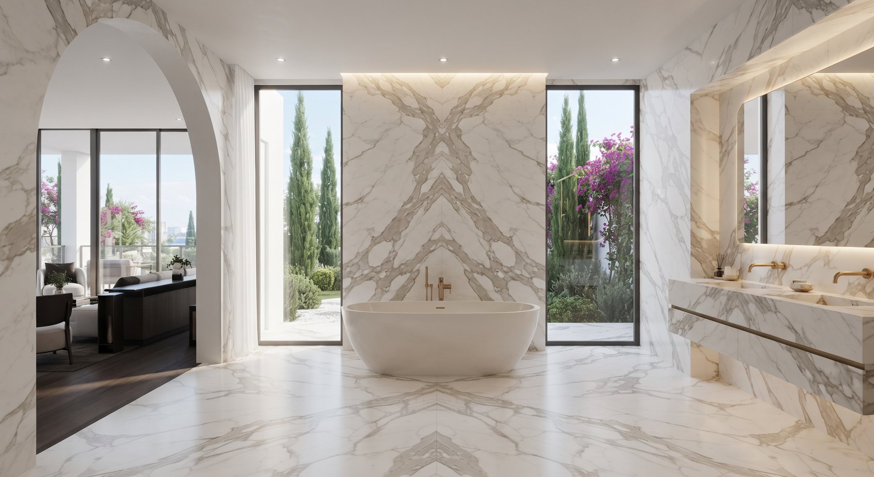 Bagno in Calacatta Oro con parete a macchia aperta (immagine dimostrativa AI)